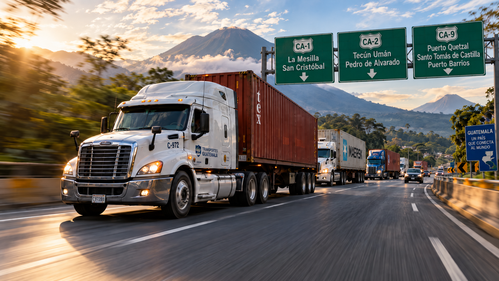 Tráileres con contenedores circulan por las carreteras CA-1, CA-2 y CA-9 de Guatemala, principales rutas para el transporte de exportaciones.
